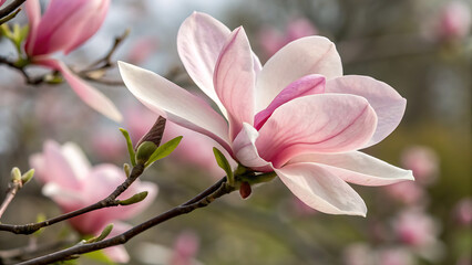 Fototapeta premium twig with blooming pink magnolia flowers close up over blue background, beautiful pink magnolia flowers blooming in the garden 
