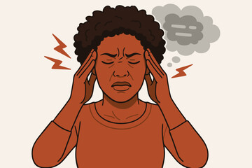 African American Woman Suffering from Migraine Pain with Lightning Symbols and Thought Bubble, Vector Illustration for Healthcare, Stress Management, Mental Health Awareness and Wellness Concepts