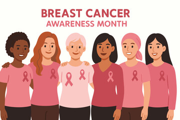 Breast Cancer Awareness Month Diverse Women Solidarity Vector Illustration with Pink Ribbon Symbol, Female Support Group in Pink T-shirts, Multicultural Unity Campaign, Healthcare Advocacy Graphic