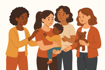 Diverse Women Supporting New Mother: Heartwarming Vector Illustration of Community Care, Friendship, and Emotional Support for Postpartum Depression Awareness and Maternal Mental Health