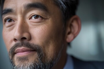 Obraz premium A close-up portrait captures a middle-aged Asian man with a confident expression. The background is softly blurred, focusing attention on his facial features and conveying a sense of professionalism
