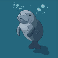 Cartoon Manatee Swimming Underwater
