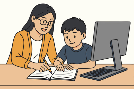 Modern Online Education Vector Illustration with Female Tutor Helping Young Boy with Homework, Digital Learning Support, Remote Schooling Concept, E-learning Assistance, Home Study with Computer