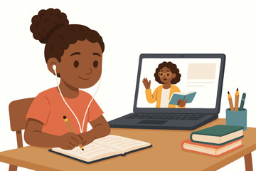 African American Girl Attending Virtual Class with Female Teacher, Remote Learning Illustration, Online Education Concept, Digital Classroom, E-Learning, Homeschooling, Distance Education Vector
