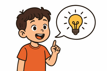 Fototapeta premium Cheerful Cartoon Boy with Bright Idea Light Bulb in Speech Bubble Vector Illustration for Children's Education, Creative Thinking, Problem Solving, Innovation Concept, and Learning Resources
