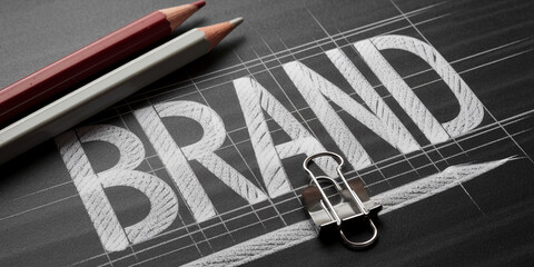 Close-up of the word "BRAND" written in white chalk on a dark gray gridded surface, accompanied by pencils and a binder clip, illustrating brand identity creation and design