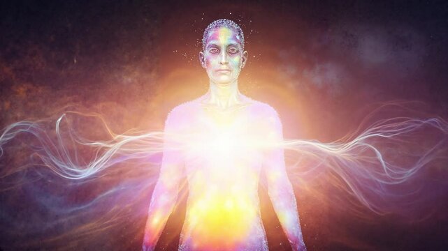 Ethereal figure radiating light in cosmic background  