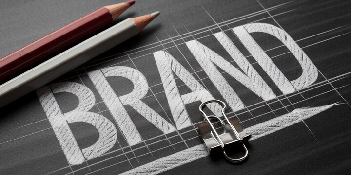 Close-up of the word "BRAND" written in white chalk on a dark gray gridded surface, accompanied by pencils and a binder clip, illustrating brand identity creation and design