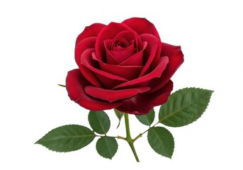 Naklejka premium Beautiful red rose with green leaves isolated on a clear white background depicting nature's elegance