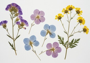 Naklejka premium Pressed and dried colorful flowers arrangement on white background with vibrant petals displayed