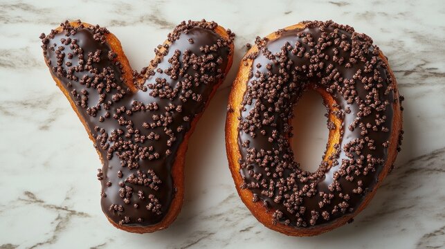 Chocolate-covered donuts shaped like the letters "YO".
