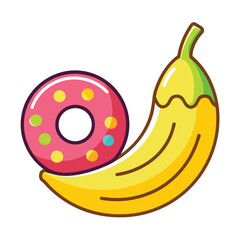 Bright Yellow Banana and Pink Frosted Donut Flat Design