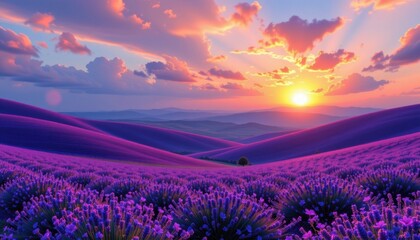 Obraz premium Lavender Dreamscape A surreal landscape of flowing lavender hills under a dreamy sunset with whimsical clouds.