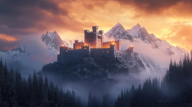 Grand medieval castle atop a mountain, with towering stone walls, glowing torches, and a drawbridge over a deep moat