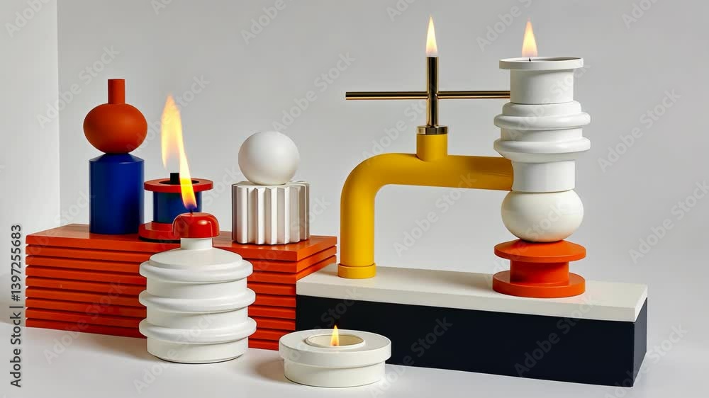 Poster unique candle holders in vibrant colors and shapes create a striking display on a simple table, show