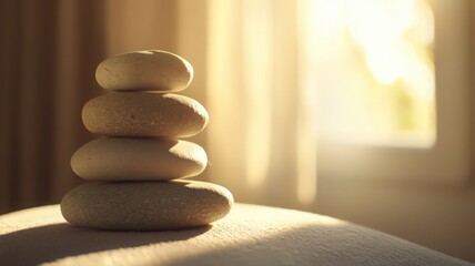 Stack of Four Smooth Stones in Warm Sunlight