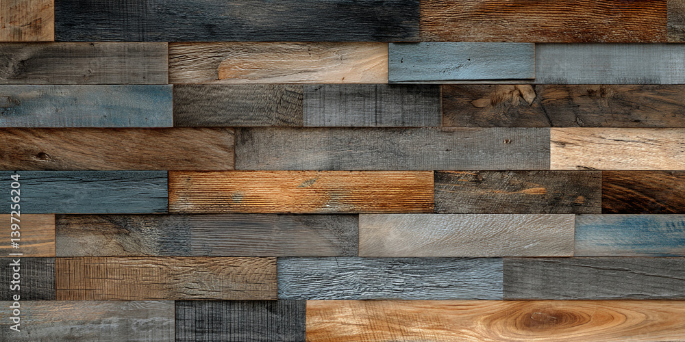 Poster reclaimed wood planks in various brown, gray, and blue tones arranged in a textured pattern, showcas