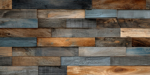 Naklejka premium Reclaimed wood planks in various brown, gray, and blue tones arranged in a textured pattern, showcasing rustic charm and natural beauty, ideal for background or design projects