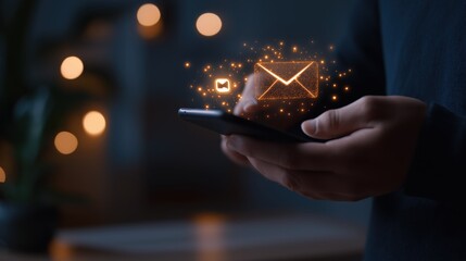 ChatGPT сказал:
Person holding smartphone with glowing orange email icon and digital particles floating above screen in soft dark background. Concept of modern communication and instant messaging