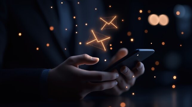 
Person holding smartphone with glowing orange email icon and digital particles floating above screen in soft dark background. Concept of modern communication and instant messaging