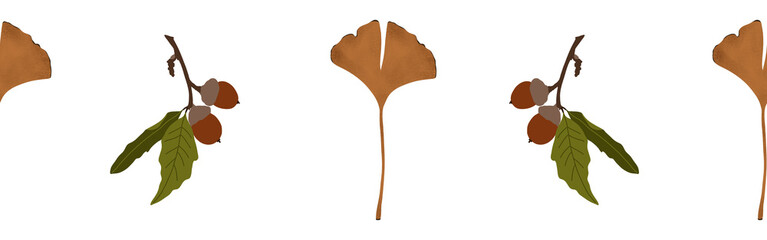 Border leaves and nuts on a white background. Hand-drawn illustration. Perfect for spring and summer.	