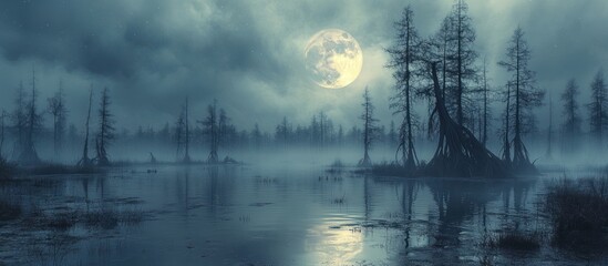 Misty Swamp Moonlight Scene
