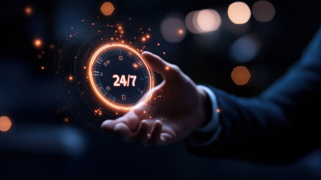 A hand holding a glowing "24/7" icon, representing around-the-clock availability and services. The digital elements surrounding the icon emphasize a modern, tech-driven world where services are access