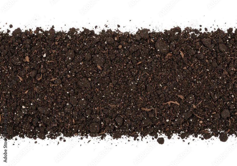 Poster a strip of dark soil isolated on a white background showing texture and composition details
