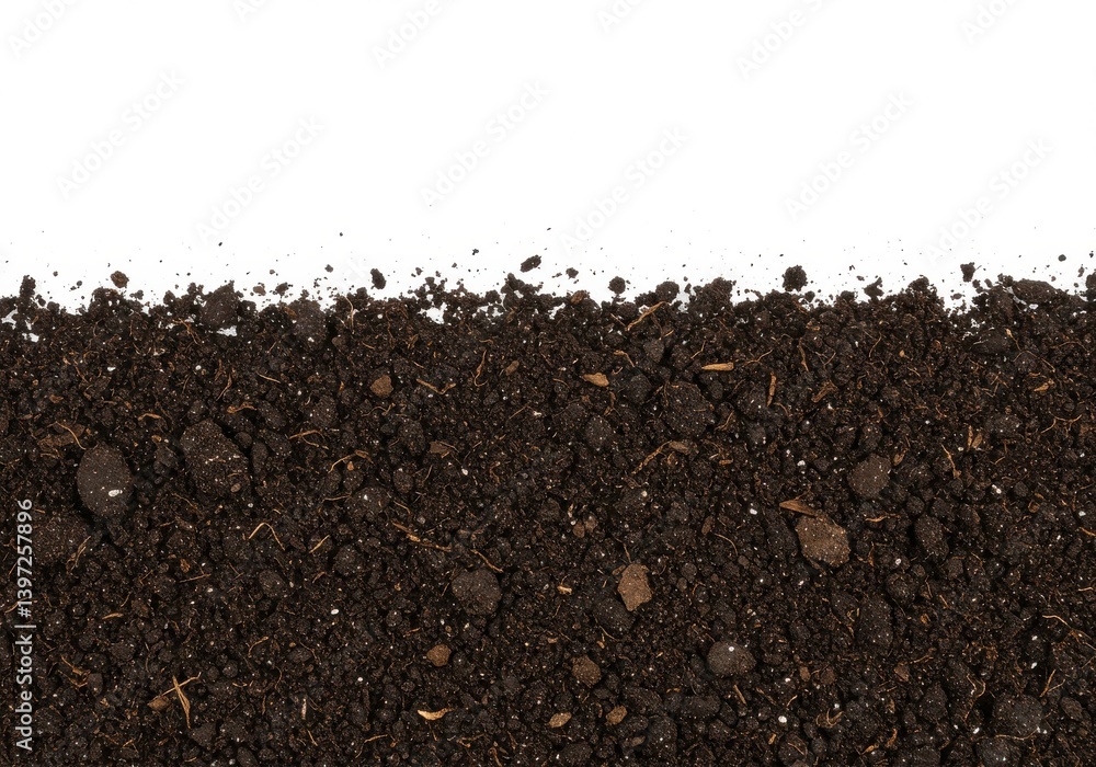 Poster rich dark soil spread in a horizontal line against a clean white background showing its texture
