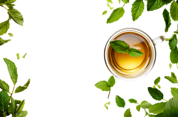 The frame contains mint leaves and a cup of green herbal or plant-based tea with a fresh mint leaf, isolated on a transparent background png