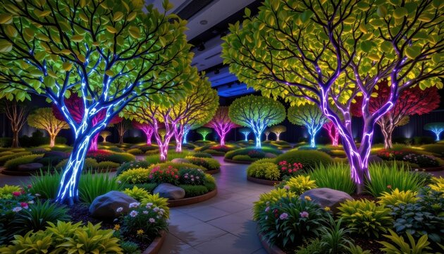 Artificial Nature A landscape crafted entirely from synthetic materials but resonating with natural aesthetics, including trees made from LEDs.