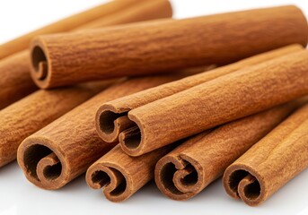 Closeup of aromatic brown cinnamon sticks rolled up together showcasing distinctive texture