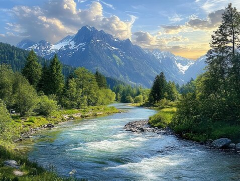 Serene Skykomish River Landscape with Snowcapped Cascade Mountains and Lush Greenery in Washington State