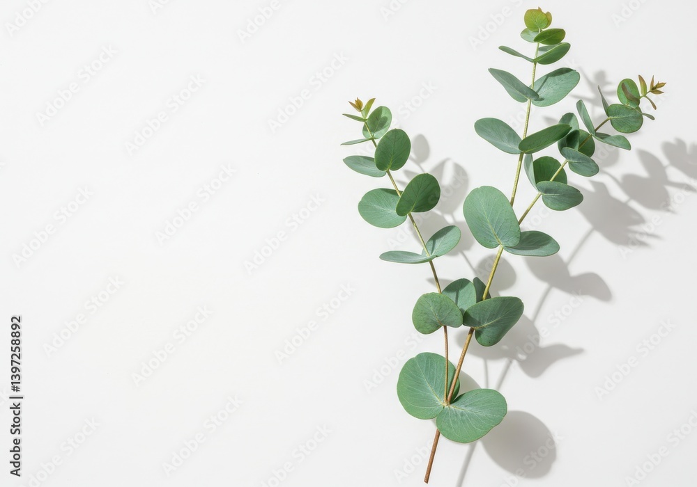 Poster eucalyptus branch on a clean white background casting soft shadows and creating visual interest