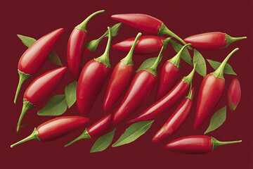 Multiple bright red chili peppers are displayed with lush green leaves, highlighting their freshness and spiciness in detail