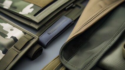 Tactical Fabric Rolls in Military and Camouflage Colors,  A neatly arranged row of tactical fabric rolls in various military-inspired colors, including camouflage, olive green, black, and khaki