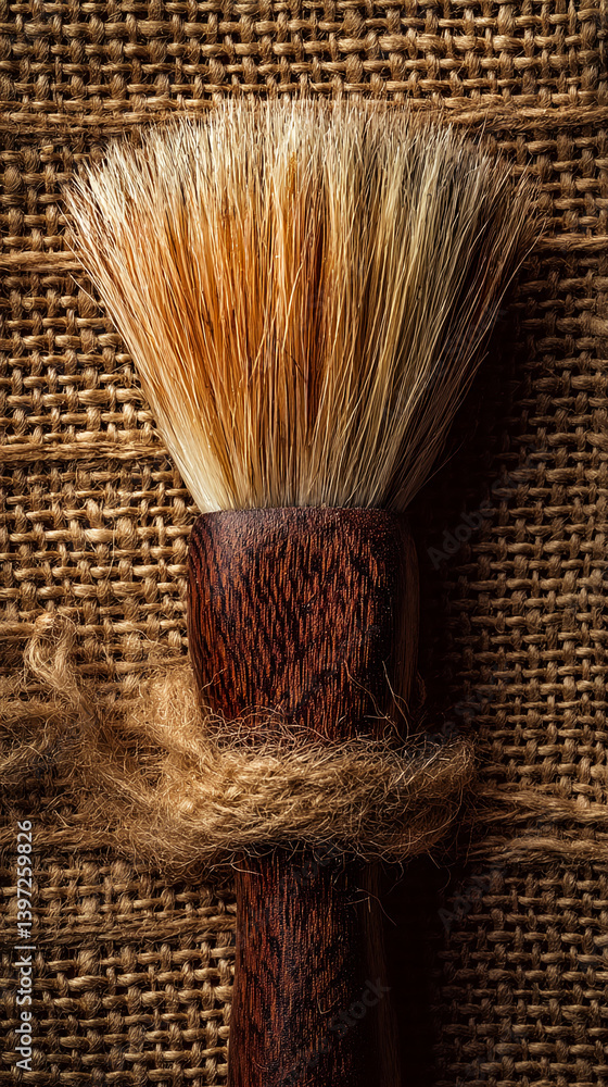 Poster close-up of a brown-handled brush with light brown and beige bristles, set against a burlap backgrou