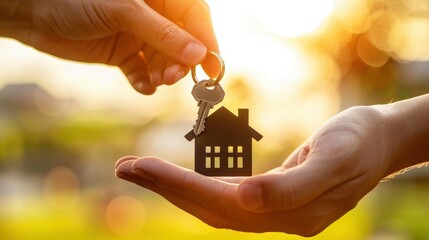 Two hands exchanging a house key against a sunset backdrop, symbolizing new beginnings in real estate