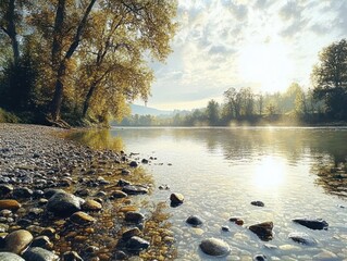 Obraz premium Morning Sunlight on Skagit River in Autumn Cascade Mountains with Reflections in Water and Trees