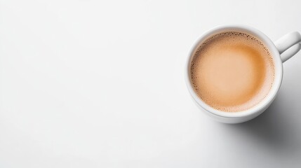 A white ceramic cup filled with frothy latte on a minimalist white background, top-down view showcasing the smooth texture, and cozy and serene ambiance.