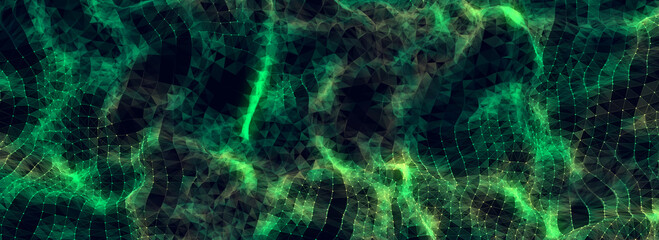 Dark cyberspace in digital background. Abstract technology wave with motion glowing dots and lines with top view. Connection big data. Futuristic wireframe texture. 3D rendering.