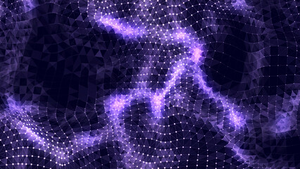 Dark cyberspace in digital background. Abstract technology wave with motion glowing dots and lines with top view. Connection big data. Futuristic wireframe texture. 3D rendering.