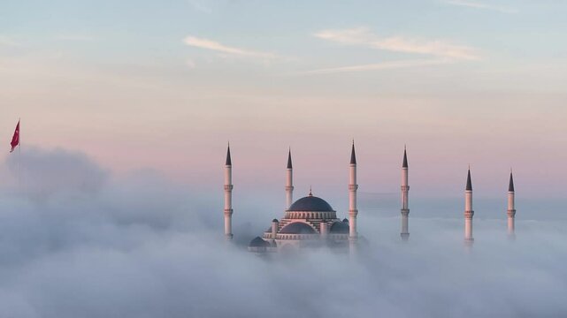 Camlica Mosque in Foggy Sunset Drone Video, Camlica Hill Uskudar, Istanbul Turkiye (Turkey)