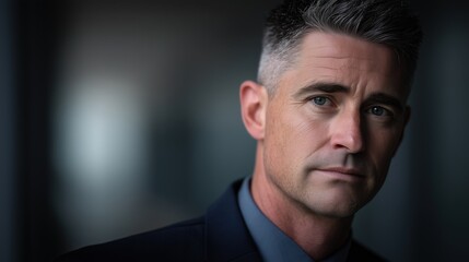 Obraz premium Corporate businessman in well-tailored navy suit, confident expression with soft diffused office lighting and subtle background blur.