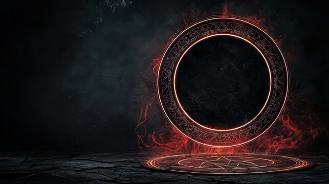 Dark summoning circle with ancient symbols, a hellish portal forming in its center