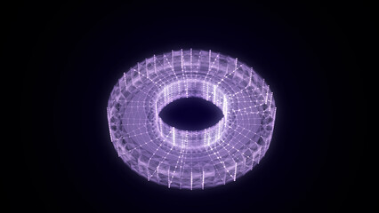 3D futuristic geometric shape with dots and lines. Structure technology network connection. Abstract wireframe twist form. Ai in dark cyberspace background. 3D rendering.