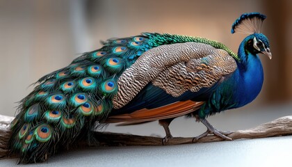 Obraz premium Beautiful peacock showcasing vibrant feathers in a natural setting during bright daylight