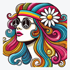 Retro groovy hippie girl face with sunglasses, daisy flower and rainbow hair