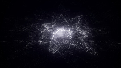 Abstract technology wave with motion glowing dots. AI in virtual reality on digital background. Particle explosion. Wireframe texture. Dynamic analysis a network connection data. 3D rendering.