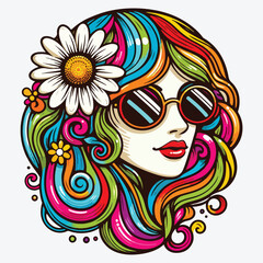 Retro groovy hippie girl face with sunglasses, daisy flower and rainbow hair